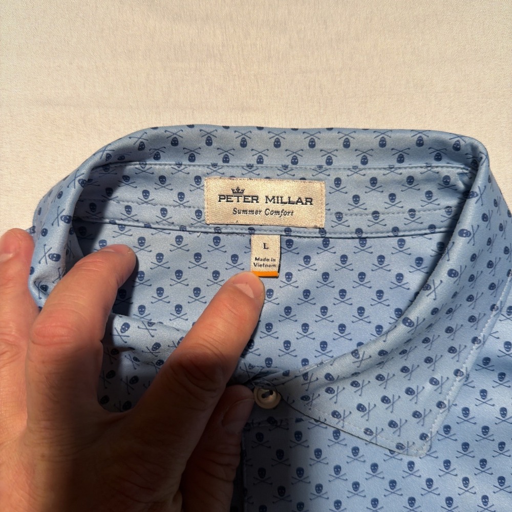 Peter Millar Summer Comfort All Over Skull Print Performance Polo Men Large Blue - Picture 3 of 8